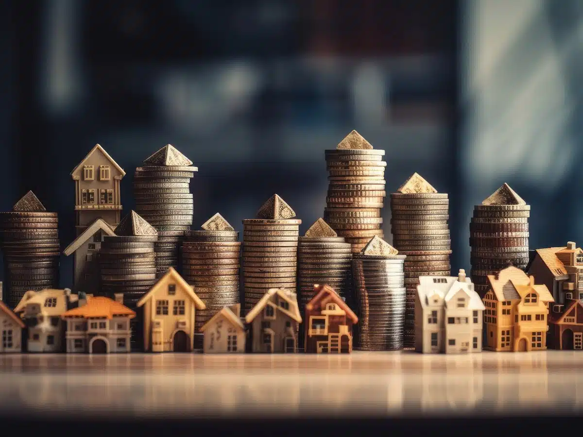 Rows of small wooden house models lit by warm light representing a real estate market concept.